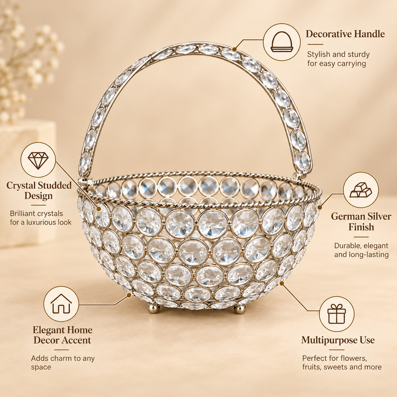 Features of Crystal Basket German Silver decorative flower and fruit basket highlighting the sparkling crystal-studded body, polished German silver finish, elegant decorative carrying handle, multipurpose design and premium home decor appearance, suitable for displaying flowers, fruits, sweets, dry fruits and decorative items as well as gifting for special occasions.