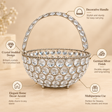 Features of Crystal Basket German Silver decorative flower and fruit basket highlighting the sparkling crystal-studded body, polished German silver finish, elegant decorative carrying handle, multipurpose design and premium home decor appearance, suitable for displaying flowers, fruits, sweets, dry fruits and decorative items as well as gifting for special occasions.