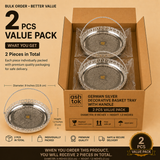 German Silver Decorative Basket Tray with Handle 9 Inch Diameter x 1.2 Inch Height - 2 Pieces Value Pack, Premium German Silver Basket Trays for Return Gifts, Wedding Gifts, Festive Gifting, Home Decor and Corporate Gifts