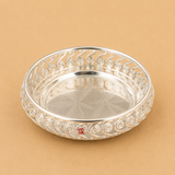 Elegant German Silver decorative fruit bowl with engraved base and spiral openwork border, perfect for serving fruits, sweets, dry fruits, chocolates, festive gifting, pooja, and home décor.
