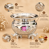 Features image of German silver Gandham Ginni highlighting the polished silver finish, embossed decorative body, wide rim, elephant design legs and suitability for chandan, kumkum and traditional puja rituals.