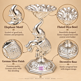 German Silver Elephant Pooja Diya features image highlighting the elegant elephant motif, polished German silver finish, flower shaped diya bowl with wick holder, detailed engraved body pattern and sturdy octagonal pedestal base, shown with close-up callouts on a beige background to present the craftsmanship, design details and suitability for pooja, festive decor and gifting purposes.