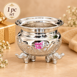 Single German silver Gandham Ginni bowl with embossed detailing, polished finish, flared rim and elephant design legs, presented on a premium beige background for individual purchase and gifting.