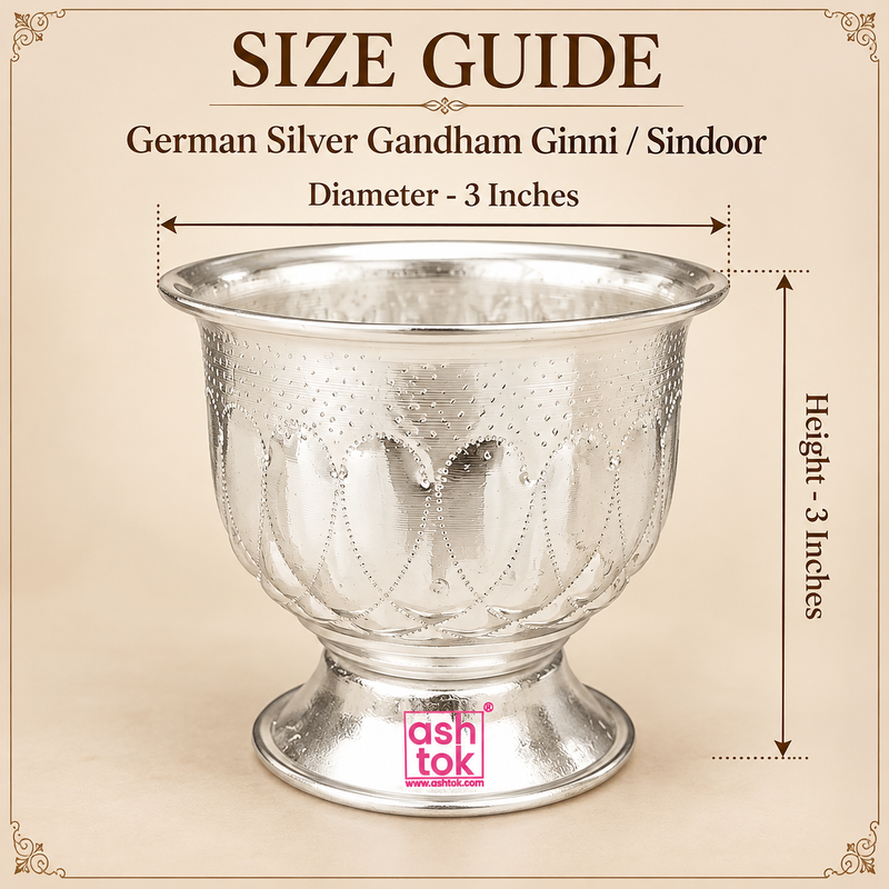 Size guide image of a German Silver Gandham Ginni and Sindoor Holder showing approximately 3 inch diameter and 3 inch overall height with clear measurement arrows, while displaying the wide flared rim, rounded embossed bowl, decorative petal pattern, polished neutral silver finish and stable pedestal base on a premium beige background, helping customers understand the compact dimensions and overall proportions before purchasing for sindoor storage, gandham use, kumkum rituals, pooja ceremonies or traditiona