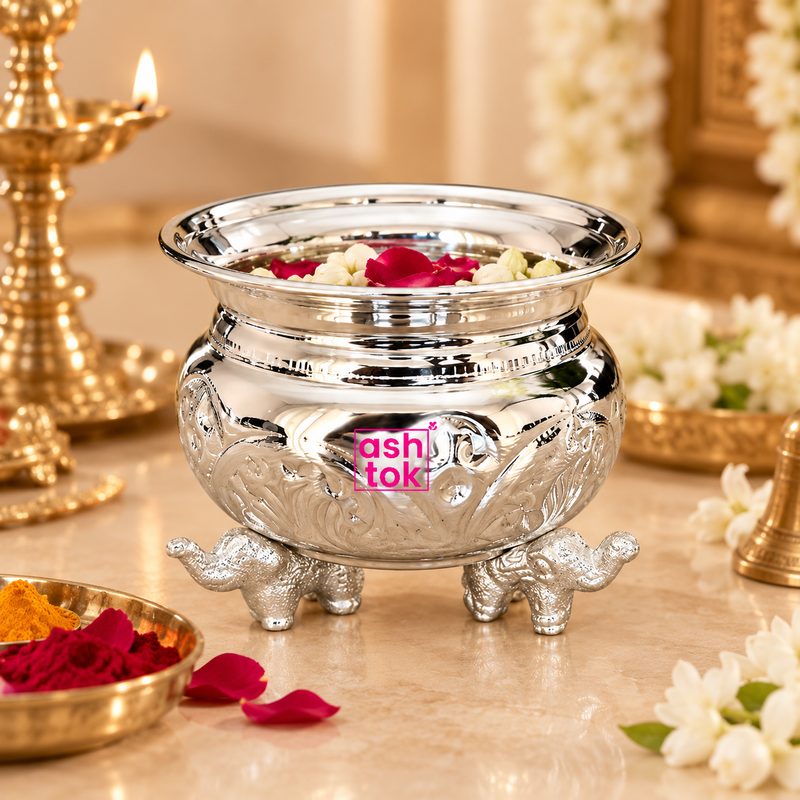 German silver Gandham Ginni styled in a traditional puja setting with flowers, diya, kumkum and ritual accessories, showing its use for chandan, kumkum, offerings and festive worship.
