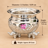 Size guide for German silver Gandham Ginni showing approximately 3.5 inches diameter, 3 inches height and 80 grams weight with clear measurement markings on a premium beige background.