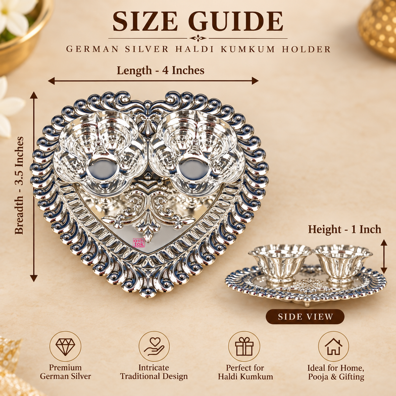 German Silver Haldi Kumkum Holder size guide showing approximately 4 inches length, 3.5 inches breadth and 1 inch height, with a heart-shaped decorative tray, two attached flower-pattern bowls, intricate traditional border design and polished silver finish for pooja, festive rituals and gifting