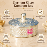 Feature presentation image of a traditional German Silver Kumkum Box with decorative floral engraving, polished German silver finish, compact storage design, engraved removable lid and traditional kumkum box styling, displayed on a premium beige background with clear product callouts, showing the detailed craftsmanship, ornamental floral patterns and practical compact form suitable for daily pooja, festive rituals, wedding functions, religious ceremonies and traditional gifting.