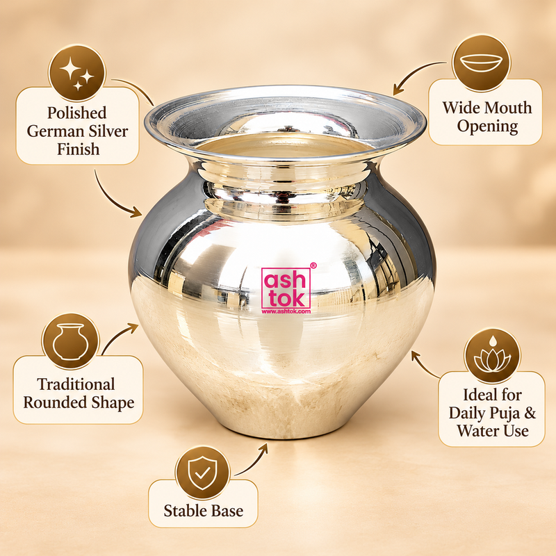 Detailed product features image of a traditional German Silver Lota displaying its polished mirror-like silver finish, wide circular mouth, elegantly flared rim, decorative rounded neck, spacious bulbous body and stable tapered base. The product is surrounded by informative feature callouts highlighting its reflective metallic surface, traditional rounded Indian vessel design, convenient wide-mouth opening and suitability for daily puja rituals and water use.