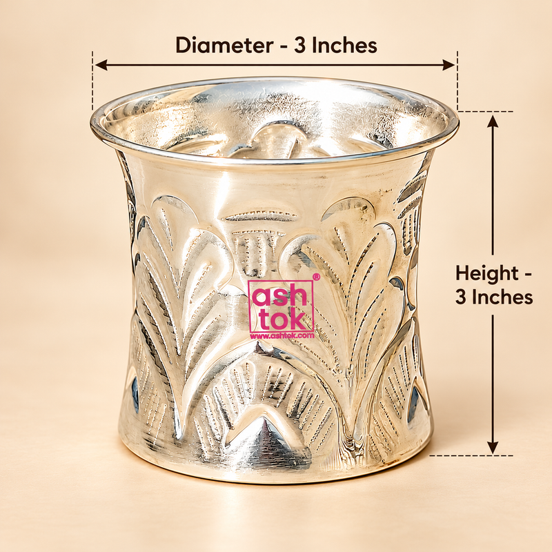 Size guide image of a German Silver Nakshee Design Panchpatra showing approximately 3 inches diameter and 3 inches height. The traditional silver-tone pooja vessel is displayed on a warm beige background