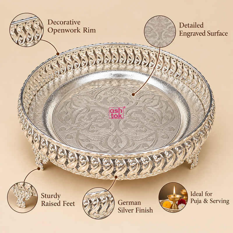 Features image of a German silver puja tray highlighting the decorative openwork rim, detailed engraved surface, sturdy raised feet, polished German silver finish, and suitability for puja and serving. The tray is shown in a clear front angle on a beige background with close-up callouts that emphasize the craftsmanship and ornamental detailing of the tray.