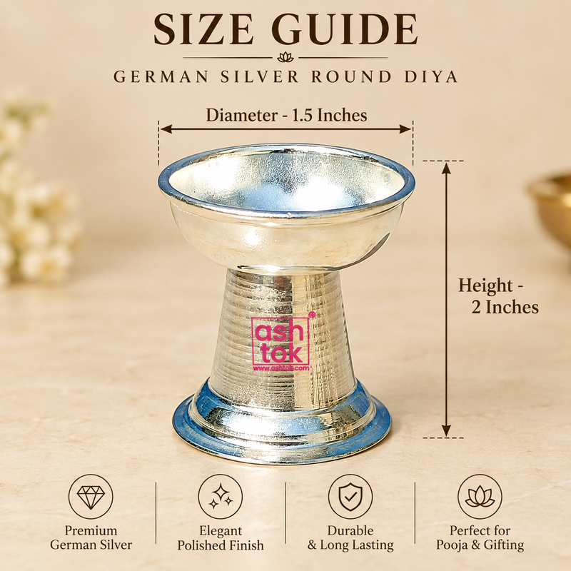 German Silver Round Diya size guide showing approximately 1.5 inch diameter and 2 inch height, featuring a traditional round diya bowl, polished reflective silver finish, tapered pedestal stand and stable circular base for daily pooja, festive ceremonies, Diwali decoration, religious use and gifting