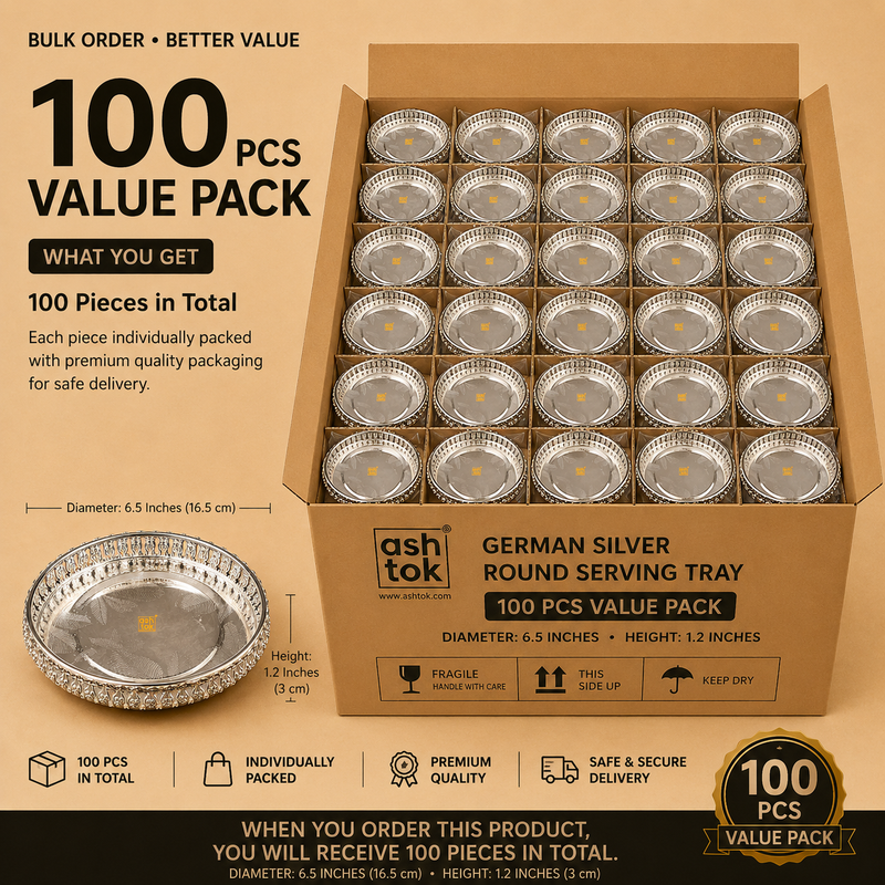German Silver Round Serving Tray 6.5 Inch Diameter x 1.2 Inch Height - 100 Pieces Value Pack, Premium German Silver Serving Trays for Return Gifts, Wedding Favors, Corporate Gifts, Hotels and Wholesale