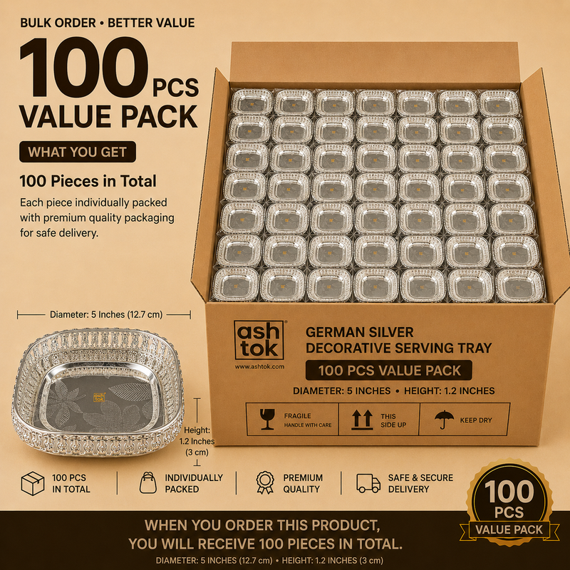 German Silver Square Decorative Serving Tray 5 Inch Diameter x 1.2 Inch Height - 100 Pieces Value Pack, Premium German Silver Serving Trays for Return Gifts, Wedding Favors, Corporate Gifts, Hotels and Wholesale