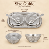 Size guide image for a German silver tray and bowl set displayed on a premium beige background, showing a rectangular serving tray measuring approximately 8 inches in length and 4 inches in width, along with matching decorative bowls measuring approximately 3.5 inches in diameter and 1.5 inches in height. The image clearly presents the tray and bowls only, with measurement arrows and labels positioned around the products to help customers understand the approximate dimensions before purchase. The set featur