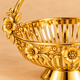 Close-up detail of Gift Basket Gold Coated Flower Basket with Handle showing floral design and gold coated finish