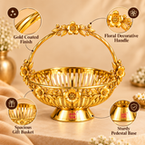 Features image of Gift Basket Gold Coated Flower Basket with Handle highlighting gold coated finish, floral handle, spacious basket and sturdy base