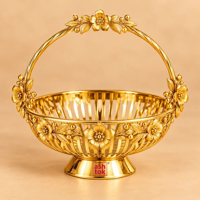 Gift Basket Gold Coated Flower Basket with Handle in a premium beige studio background