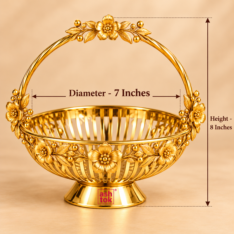 Size guide of Gift Basket Gold Coated Flower Basket with Handle showing 7 inch diameter and 8 inch height