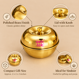 Feature image of the brass sindoor box highlighting its polished brass finish, compact shape, lid design, and traditional utility, displayed neatly on a beige background for use in a Shopify or e-commerce product listing