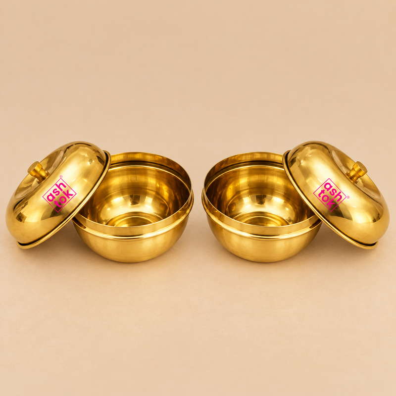 Open brass sindoor box set with lids placed slightly tilted beside the containers, showing the inside storage space clearly on a beige background, ideal for showcasing product usage, inner capacity, and traditional pooja utility.