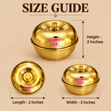 Size guide image of the brass sindoor box with product dimensions clearly presented, showing length 2 inches, width 2 inches, and height 2 inches on a beige background for easy size reference on an e-commerce product page.