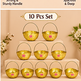 Set of 10 gold coated flower gift baskets with handles arranged neatly on a beige tiered display for wedding return gifts, festive gifting, family functions, event distribution and bulk gifting. Each basket features a polished golden finish, decorative embossed pattern and scalloped edge.