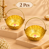 Set of 2 matching gold coated flower gift baskets with handles displayed on premium beige pedestals, each featuring a scalloped decorative rim, embossed star and floral motifs and polished golden finish, suitable for gifting, festive occasions and small quantity orders.