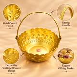 Features image of a gold coated flower gift basket highlighting its polished golden finish, strong curved handle, decorative scalloped flower-shaped rim and embossed star and floral pattern. The compact decorative basket is suitable for gifting, flowers, sweets, dry fruits, festive arrangements and traditional presentation.