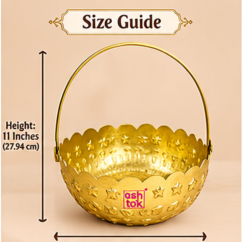 Size guide image of a gold coated flower gift basket with handle showing approximately 10 inches diameter and 11 inches overall height.