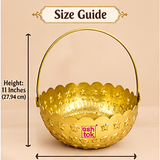 Size guide image of a gold coated flower gift basket with handle showing approximately 10 inches diameter and 11 inches overall height.