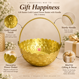 Features image of gold coated flower basket highlighting the polished golden finish, decorative embossed pattern, scalloped edge, sturdy curved handle and elegant round basket shape suitable for festive gifting, return gifts and decorative use.