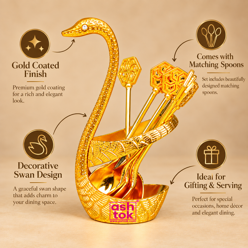 Features image of Brass Swan Spoon Stand highlighting the elegant swan-shaped design, premium gold coated finish, intricate textured detailing, decorative matching spoons and stable holder base. The product is presented in a premium beige setting to showcase its craftsmanship and suitability for serving, gifting and home decor.