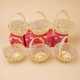 "Golden crystal gift basket with elegant decorative crystal design, ideal for wedding gifts, festive hampers, home décor, return gifts, and luxury gift packaging."