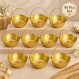 Set of 10 gold coated flower baskets displayed in an organized gifting arrangement, featuring matching round baskets with embossed detailing, scalloped edges and carrying handles for weddings, festive events, return gifts and bulk orders.