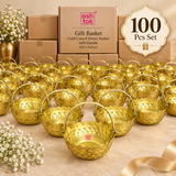 Bulk presentation of 100 gold coated flower baskets with multiple decorative baskets arranged in front of plain packaging boxes, suitable for wholesale orders, wedding return gifts, festive distribution, corporate gifting and large quantity event requirements.