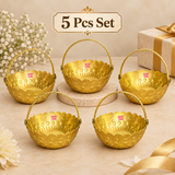 Set of 5 gold coated flower baskets arranged on a premium beige background, each featuring a decorative scalloped rim, embossed pattern and curved handle, suitable for festive gifting, return gifts, weddings and family functions.