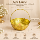 Size guide for gold coated flower basket showing approximately 5 inches diameter and 6 inches height including the curved handle, with clear measurement arrows on a premium beige background for easy product size reference.