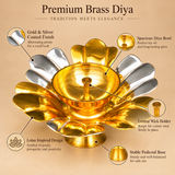 Product features infographic of a gold and silver coated brass lotus diya highlighting its alternating polished gold and silver flower petals, lotus-inspired decorative design, spacious golden oil bowl, raised central wick holder, and stable round pedestal base. The traditional brass oil lamp combines decorative floral styling with functional diya construction, making it suitable for Diwali pooja, home temple decoration, religious festivals, traditional ceremonies, and festive gifting.