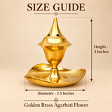 Size guide image of a Golden Brass Agarbati Flower incense holder showing approximately 2.5 inch diameter and 3 inch overall height with clear measurement arrows, while displaying the pointed ventilated top, polished brass chamber and leaf-shaped ash-catching tray on a premium beige background to help customers understand the compact dimensions before purchase.
