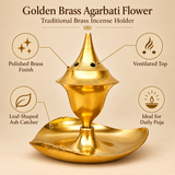 Features infographic for a Golden Brass Agarbati Flower incense holder highlighting the polished brass finish, ventilated top, leaf-shaped ash catcher and suitability for daily puja, with the product shown prominently on a premium beige background for customers looking for a traditional brass incense holder for prayer rooms, home temples, meditation spaces and festive use.