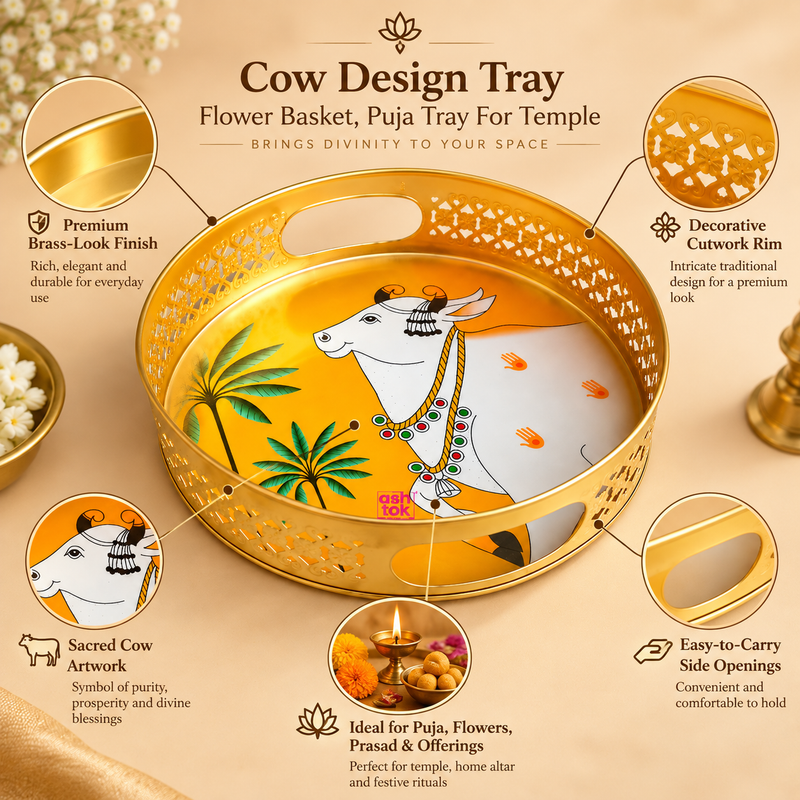 Features image of Cow Design Tray Flower Basket and Puja Tray for Temple highlighting the polished golden finish, decorative cutwork rim, traditional sacred cow artwork, round tray design, practical side carry openings and suitability for puja flowers, prasad and religious offerings. The tray is presented in a premium beige setting to clearly showcase its decorative and functional details.