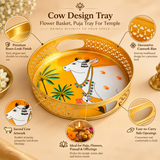 Features image of Cow Design Tray Flower Basket and Puja Tray for Temple highlighting the polished golden finish, decorative cutwork rim, traditional sacred cow artwork, round tray design, practical side carry openings and suitability for puja flowers, prasad and religious offerings. The tray is presented in a premium beige setting to clearly showcase its decorative and functional details.