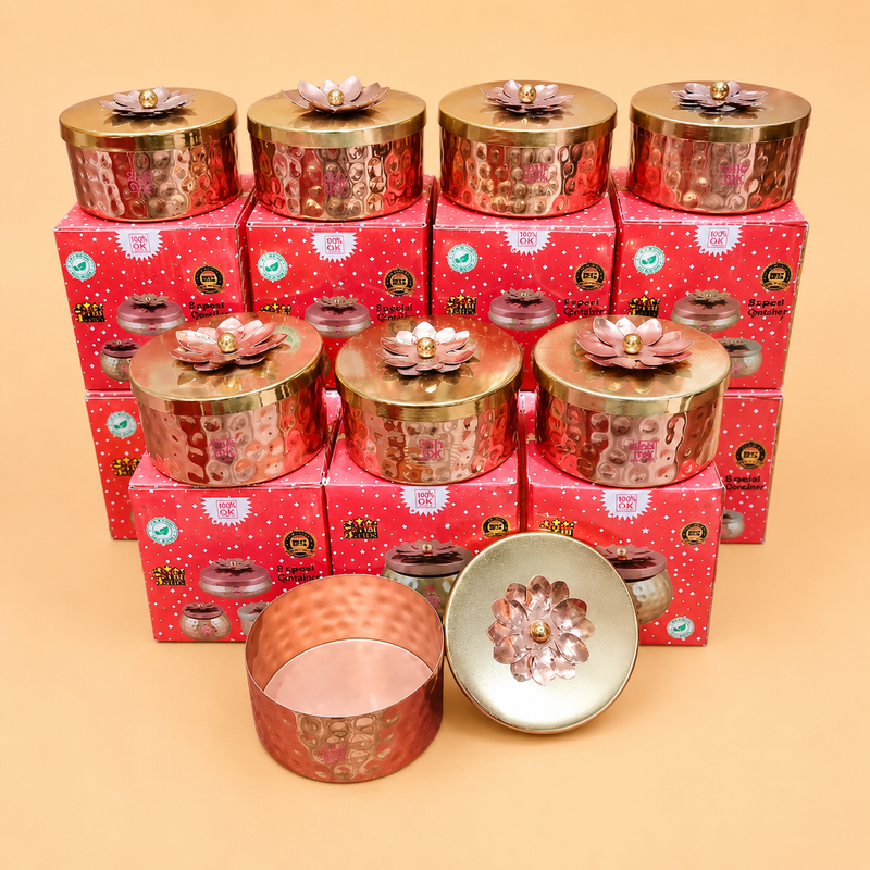 "Premium golden metal gift box for festive occasions, corporate gifting, dry fruits, cookies, and chocolates."