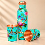 Green Enamel Printed Pure Copper Water Bottle with Glass Set, Copper Drinkware, Gift Items