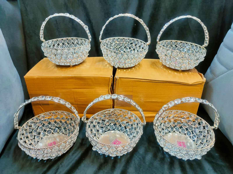Crystal Basket German Silver, Flower Basket, Fruit Basket for Home Decor (Dia 6 Inches)
