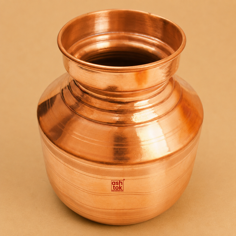Open-top traditional Gujarati copper water pot with a polished finish on a beige studio background, ideal for storing drinking water, Ayurvedic wellness, pooja rituals, and everyday home use.