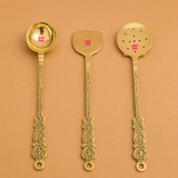 Handcrafted brass ladle spoon set of 3, durable kitchen utensils for cooking curries, soups and serving.