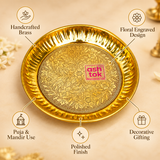 Features image of handcrafted brass puja plate highlighting the floral engraved design, polished brass finish, decorative raised rim and suitability for puja, mandir use and traditional gifting.