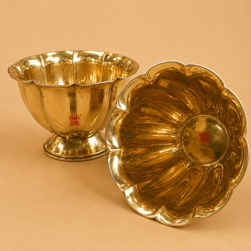 Handcrafted brass serving bowl with elegant flower design, polished finish, decorative brass bowl for home decor, pooja, gifting, and serving by Ashtok.